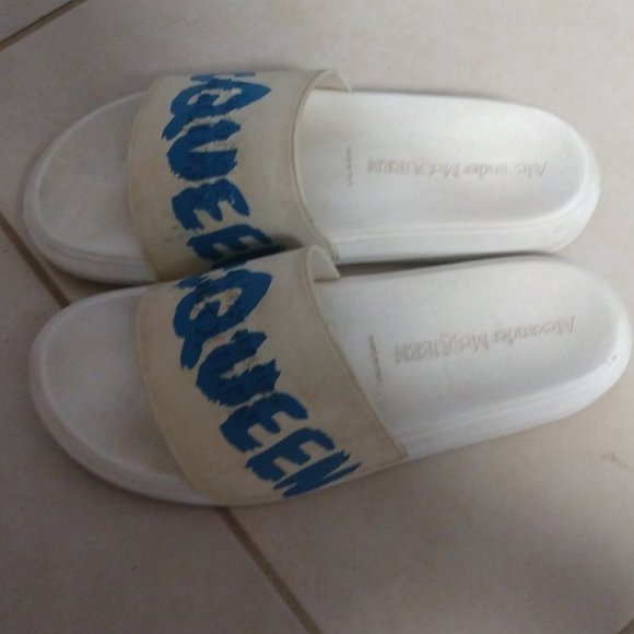 ❤️Mens ALEXANDER MCQUEEN White Blue Graffiti Pool Slides Italy 44 11 D US main image 4